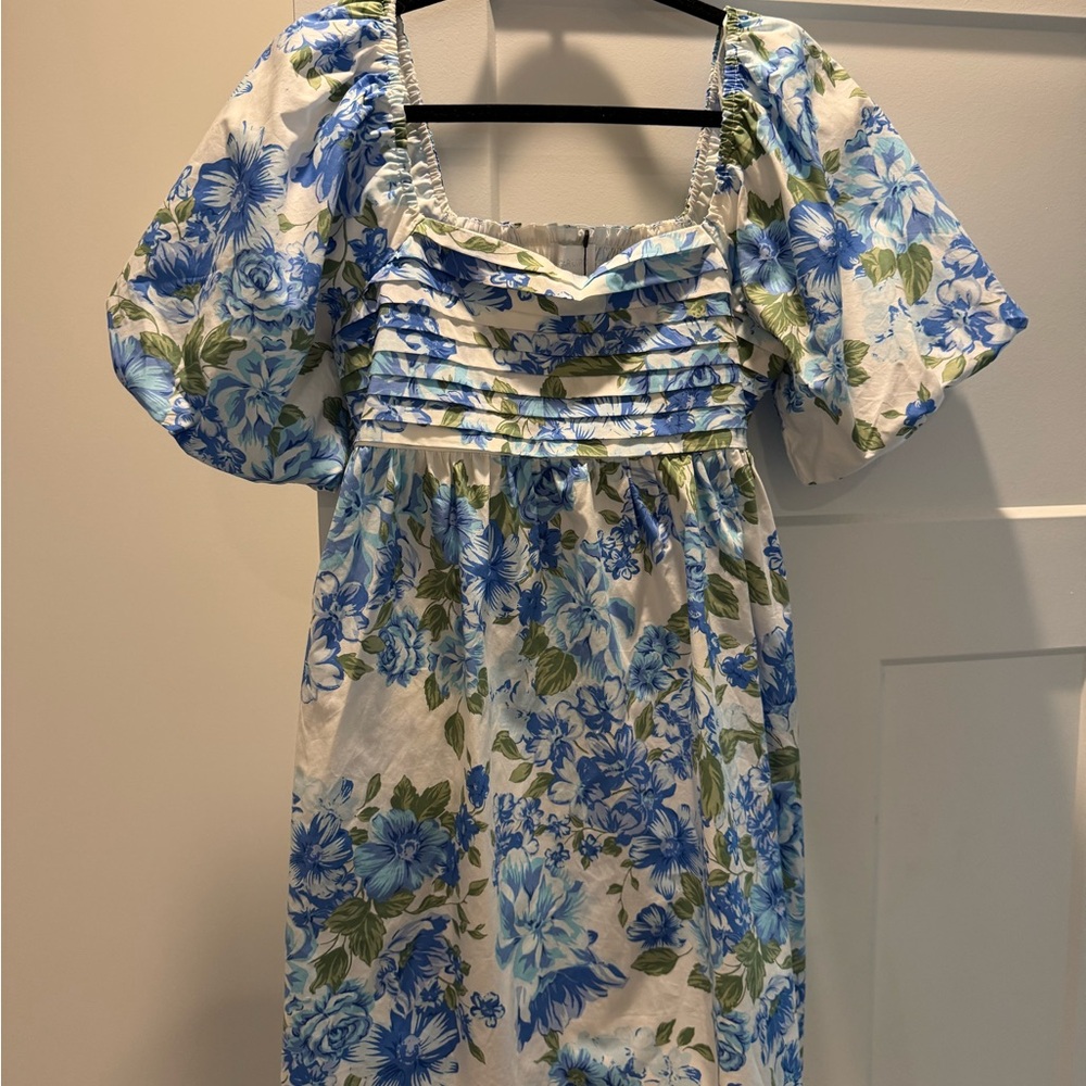 Blue and Green Floral Puff Sleeve Dress
